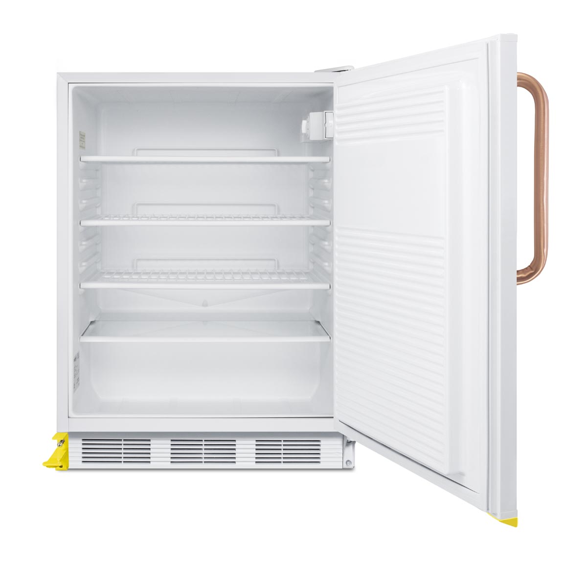 ADA compliant built-in undercounter all-refrigerator for general purpose or commercial use, with pure copper handle, step-to-open foot pedal, lock, auto defrost operation, and white exterior